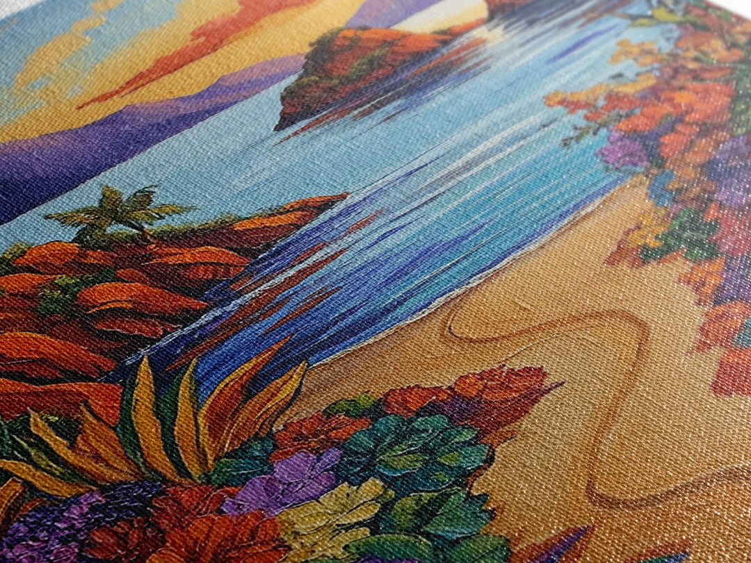 Beach, Sunset, Tropical, Floral Framed Canvas Print, Coastal Living Room Wall Art, Island Paradise Decor, Vibrant Summer Artwork