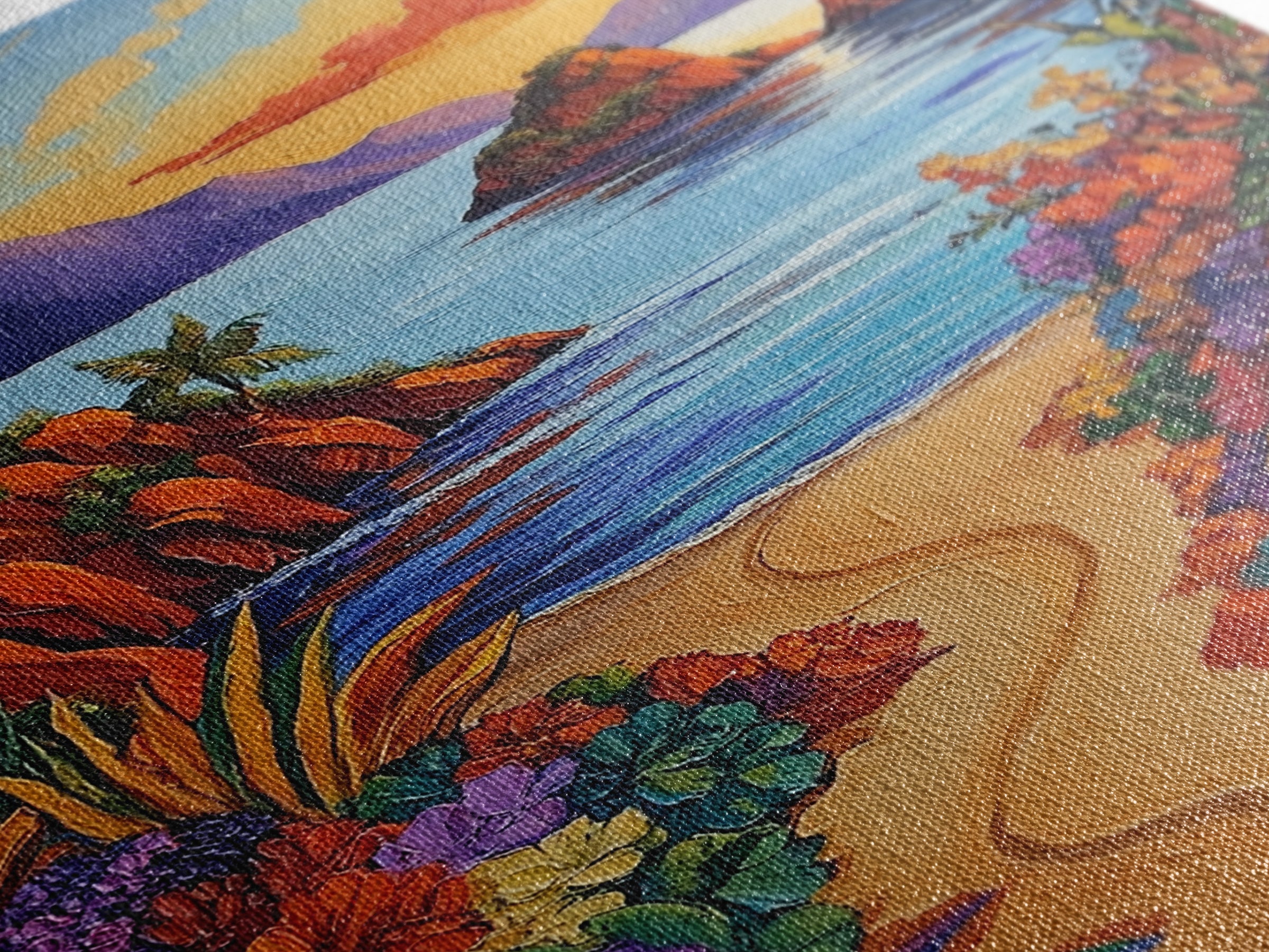 Beach, Sunset, Tropical, Floral Framed Canvas Print, Coastal Living Room Wall Art, Island Paradise Decor, Vibrant Summer Artwork