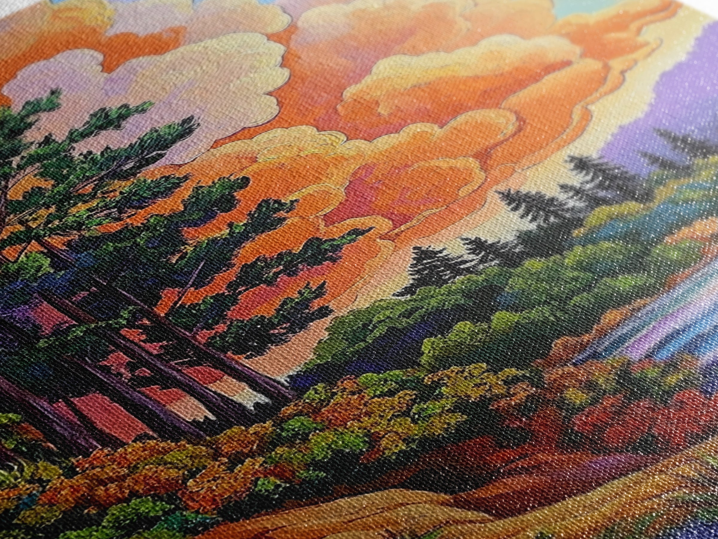 Pine Forest, Sunset, River, Framed Canvas Print, vibrant mountain art, autumn wall decor, cozy cabin wall art, rustic lodge artwork