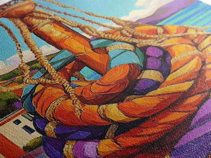 Nautical Rope, Dock, Summer, Framed Canvas Print, Nautical Rope Wall Art, Summer Decor, Bright Harbor Painting, Beach House Wall Accent