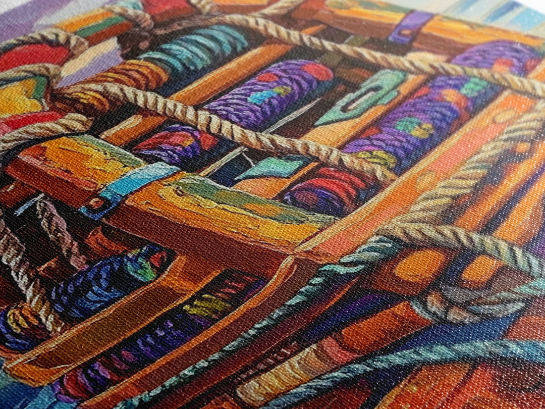 Rope Dock Sunset, Nautical, Framed Canvas Print, Nautical Rope Dockside Art, Sunset Painting, Coastal Seaside Wall Decor, Living Room Decor