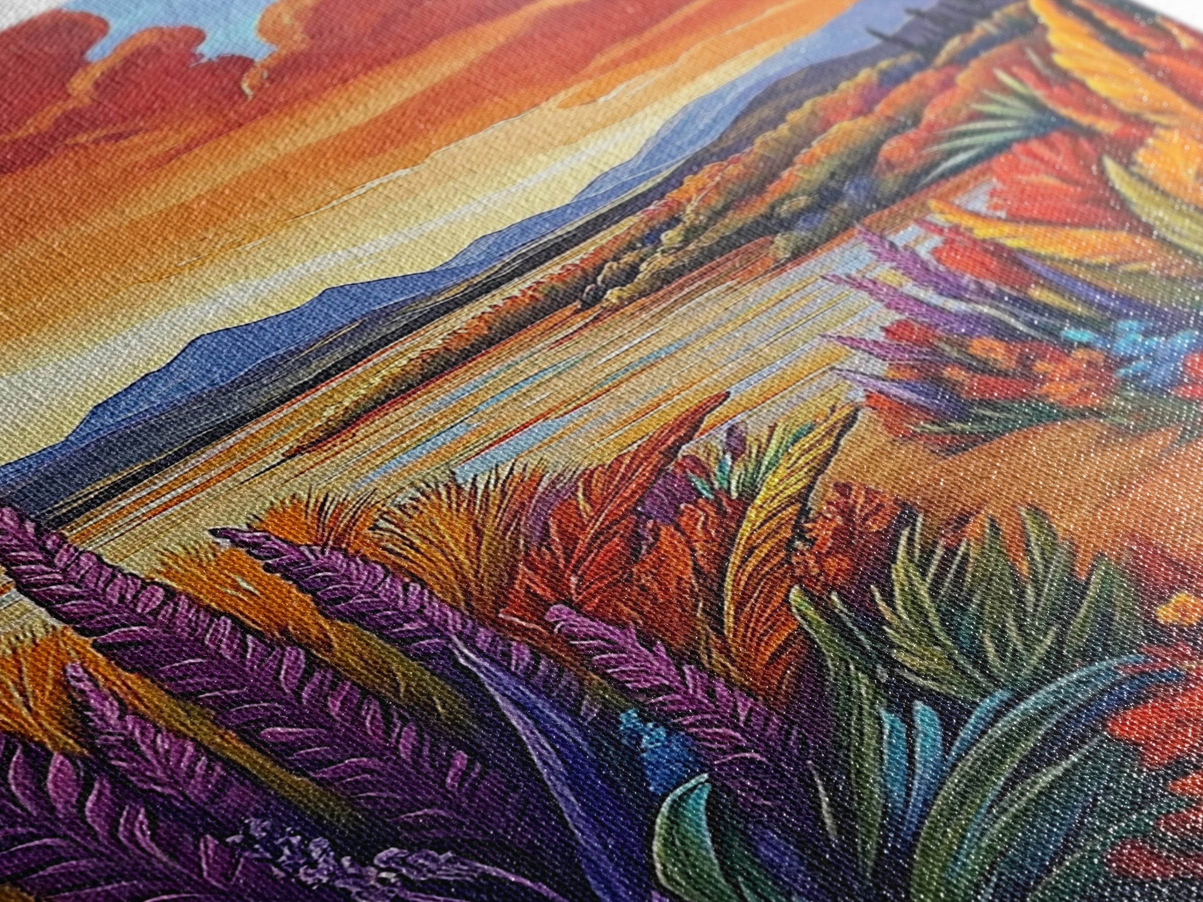 Autumn Lake, Trail, Fall Landscape Painting, Warm Sunset Wall Decor, Living Room Boho Vibes, Framed Canvas Print