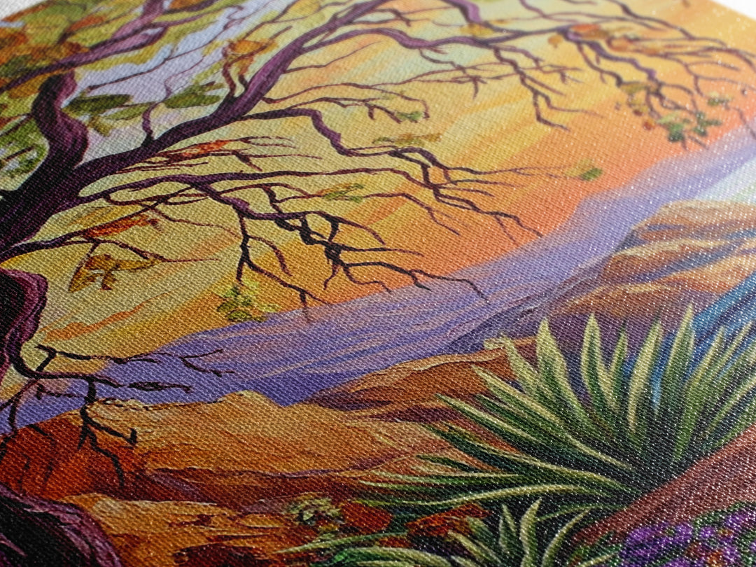 Coastal Tree View, Ocean Cliff Art, Sunset Seascape Painting, Nature Wall Decor, Framed Canvas Print, Hallway Wall Art, beach house art