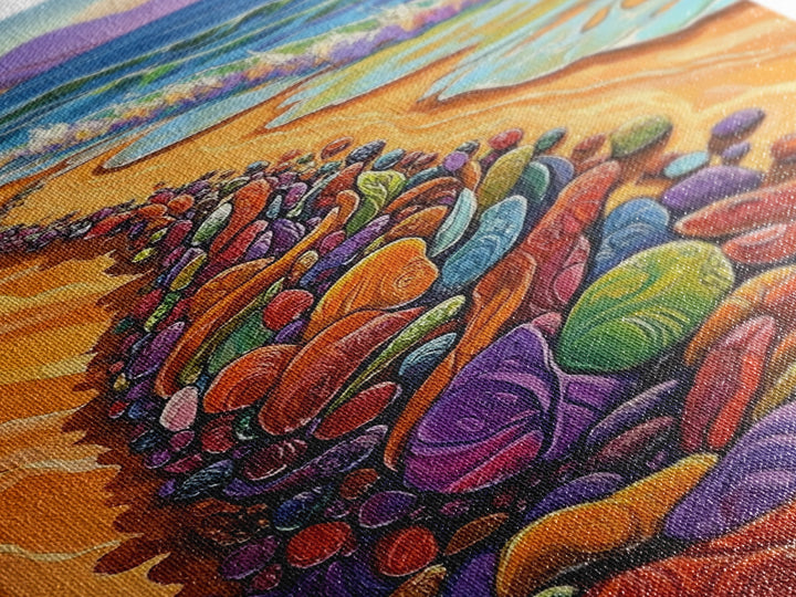 Colorful Rocks, Coastal Art, Vibrant Beach, Framed Canvas Print, nature-inspired painting, whimsical art, Hallway Wall Art