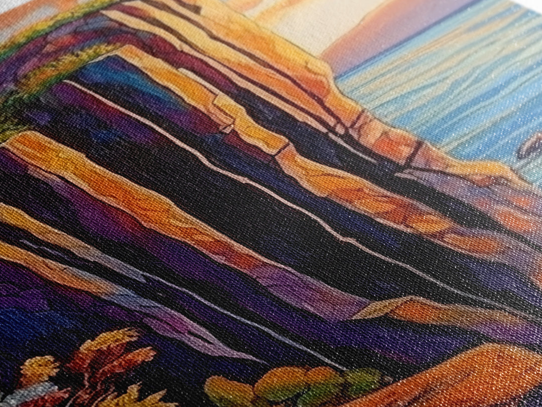 Cliff Sunset, Sea, Canvas Print, Bold coastal wall art, rocky cliff painting, dramatic sunset scene, office or den decor, nature inspired art