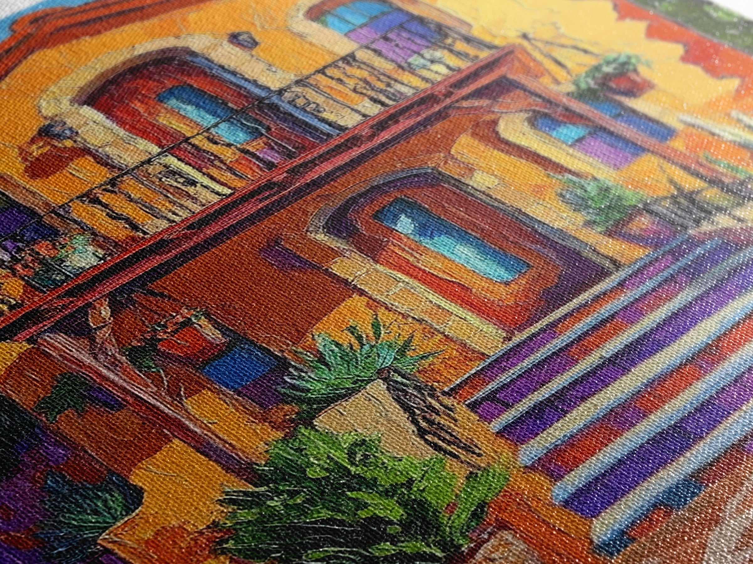 Adobe House, Vibrant Southwest, Fall Architecture Wall Art, Canvas Print, Rustic Staircase Scene, Boho Living Room Decor, Warm Entryway Art