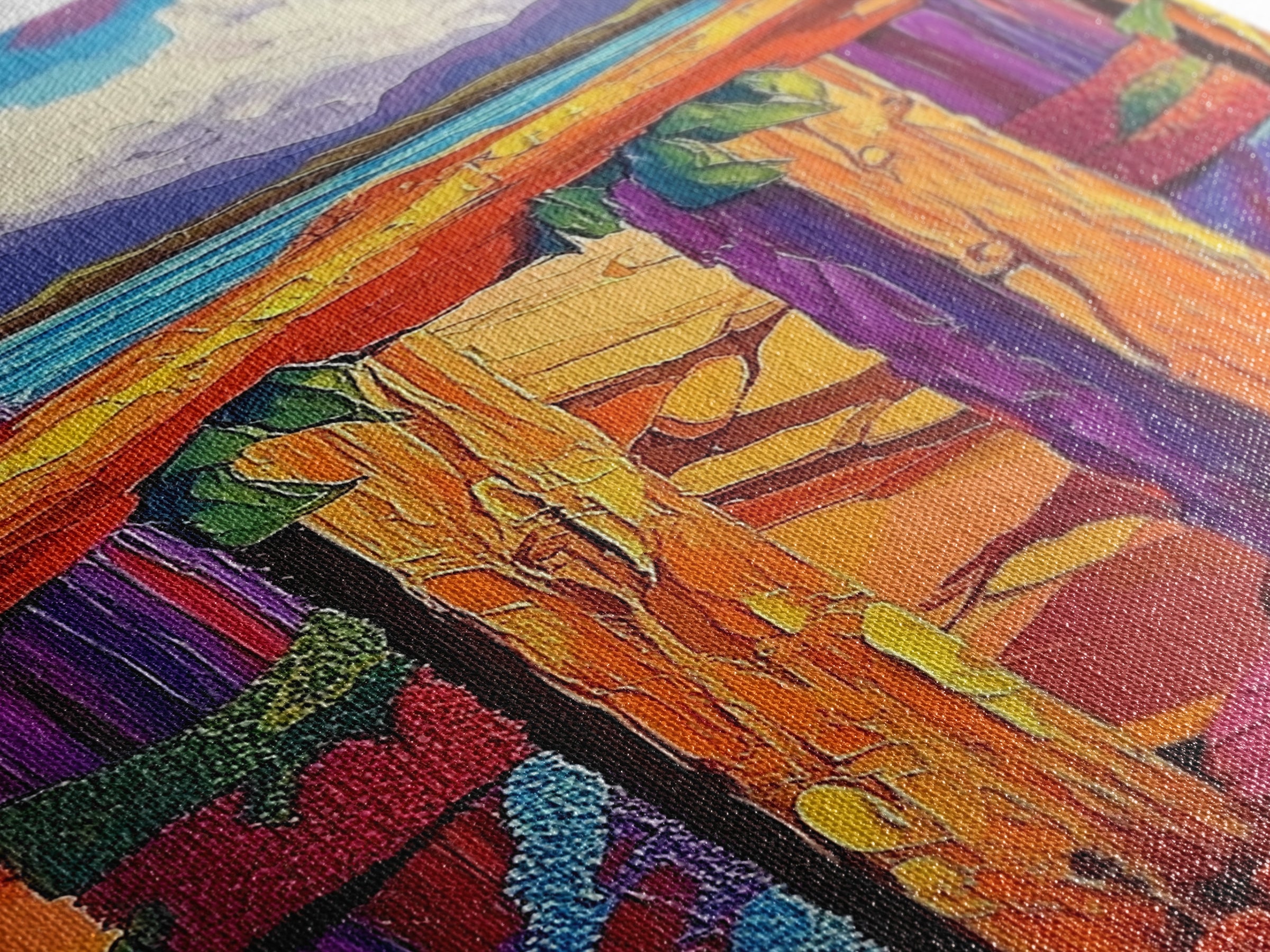 Coastal Fence, Sunset Vibes, Colorful Beach, Ocean Breeze, Framed Canvas Print, Beach House Wall Art, Vibrant Seascape, Tropical Boho Art