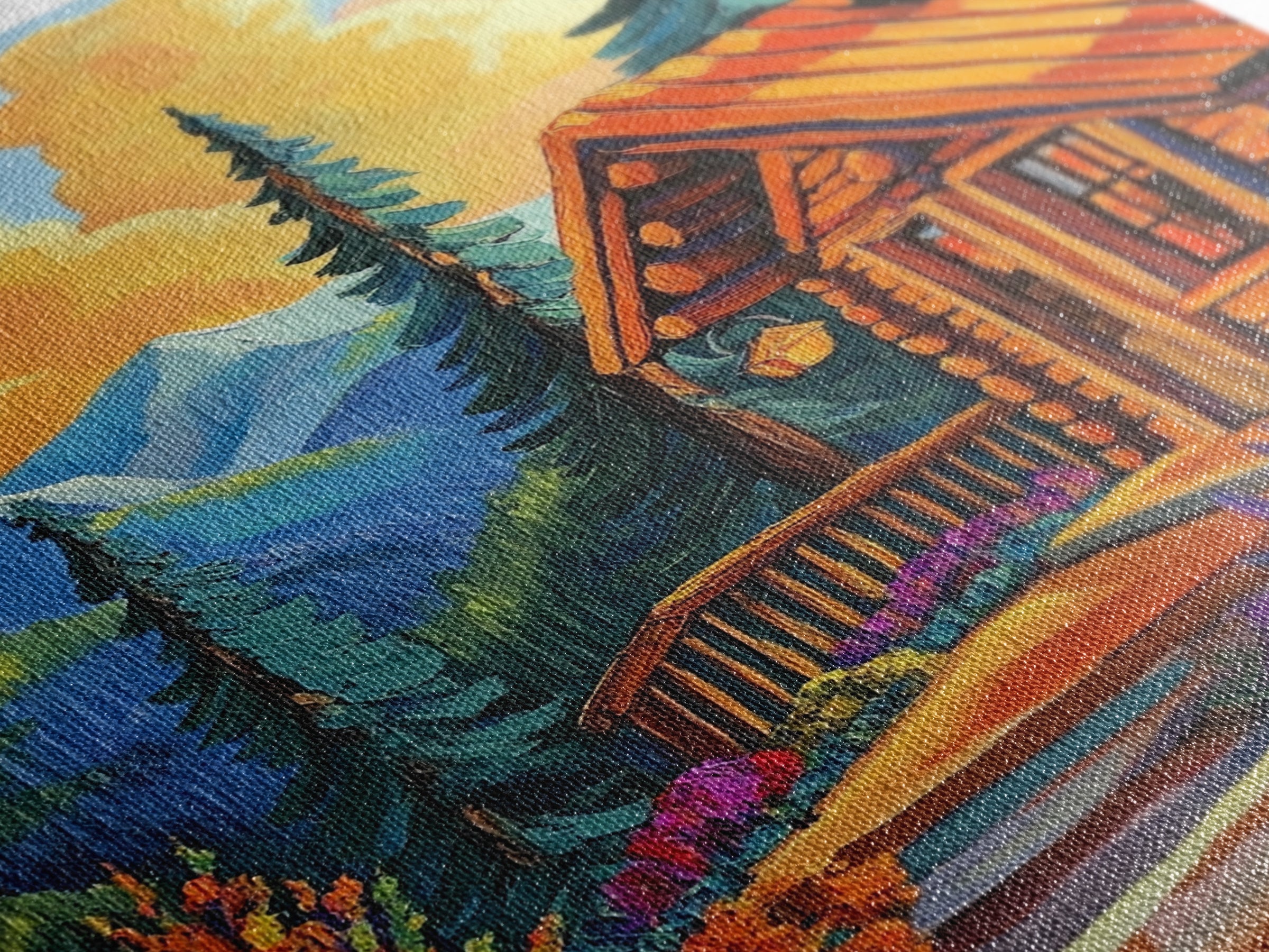 Cabin Escape, Fall Glow, Mountain Forest, Rustic Beauty, Canvas Print, Autumn Wall Art, Log Cabin Decor, Cozy Living Room Accent