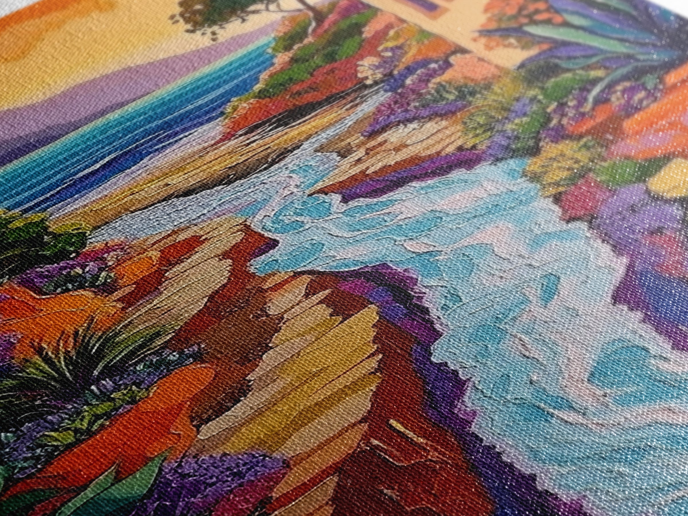 Coastal Pathway Stream, Sunset Cactus Art, Vibrant Garden Trail, Canvas Print, Mediterranean Landscape, Kitchen Wall Decor, Boho Art