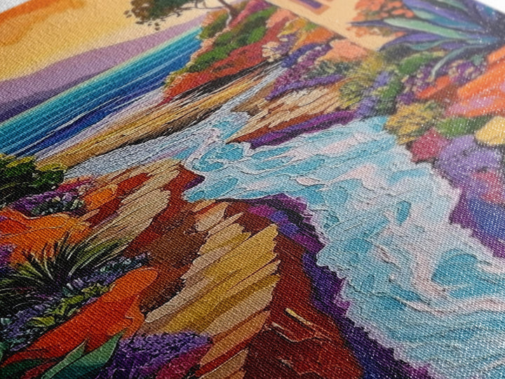 Coastal Pathway Stream, Sunset Cactus Art, Vibrant Garden Trail, Canvas Print, Mediterranean Landscape, Kitchen Wall Decor, Boho Art