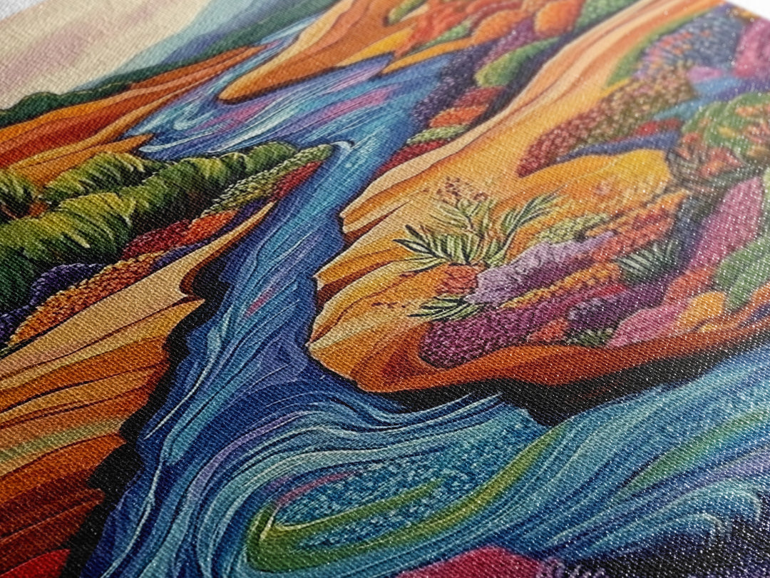 Autumn River Valley, Floral Hillside Art, Bright Fall Landscape, Framed Canvas Print, Seasonal Wall Decor, Living Room Autumn Art