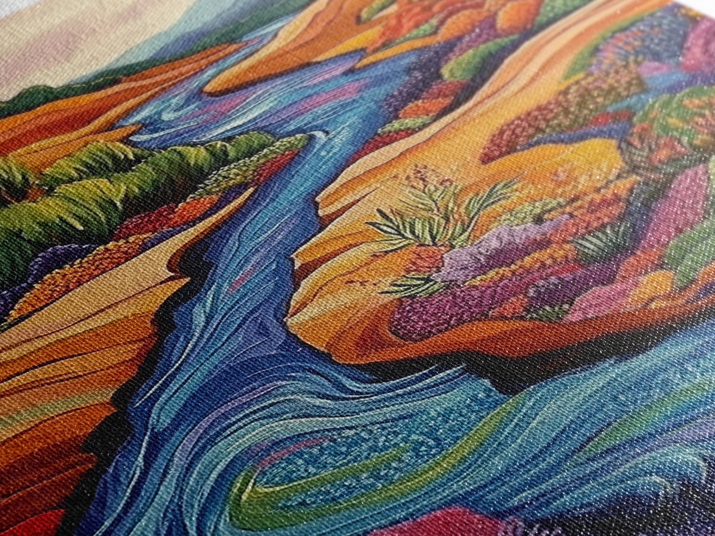 Autumn River Valley, Floral Hillside Art, Bright Fall Landscape, Framed Canvas Print, Seasonal Wall Decor, Living Room Autumn Art