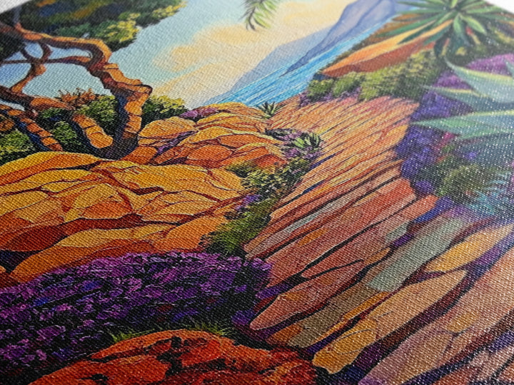 Coastal Trail, Vibrant Path, Tropical Landscape, Nature Art, Sunset Vibes, Living Room Wall Art, Canvas Print, Boho Chic Decor