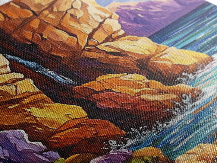 Canyon Waterfall, Ocean Cliffs, Nature Escape, Rugged Landscape, Fall Season Decor, Living Room Wall Art, Framed Canvas Print