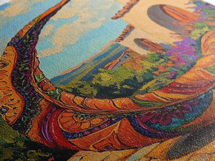 Crescent Sculpture, Sunset Courtyard, Boho Garden Art, Vibrant Southwest Style, Outdoor Decor, Framed Canvas Print, Patio Wall Art