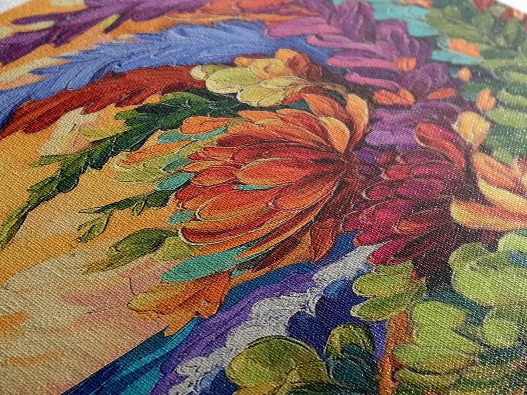 Abstract Florals, Bold Beach Scene, Coastal Flower Art, Vibrant Wall Accent, Kitchen Wall Art, Boho Style, Canvas Print, Sunset Tones