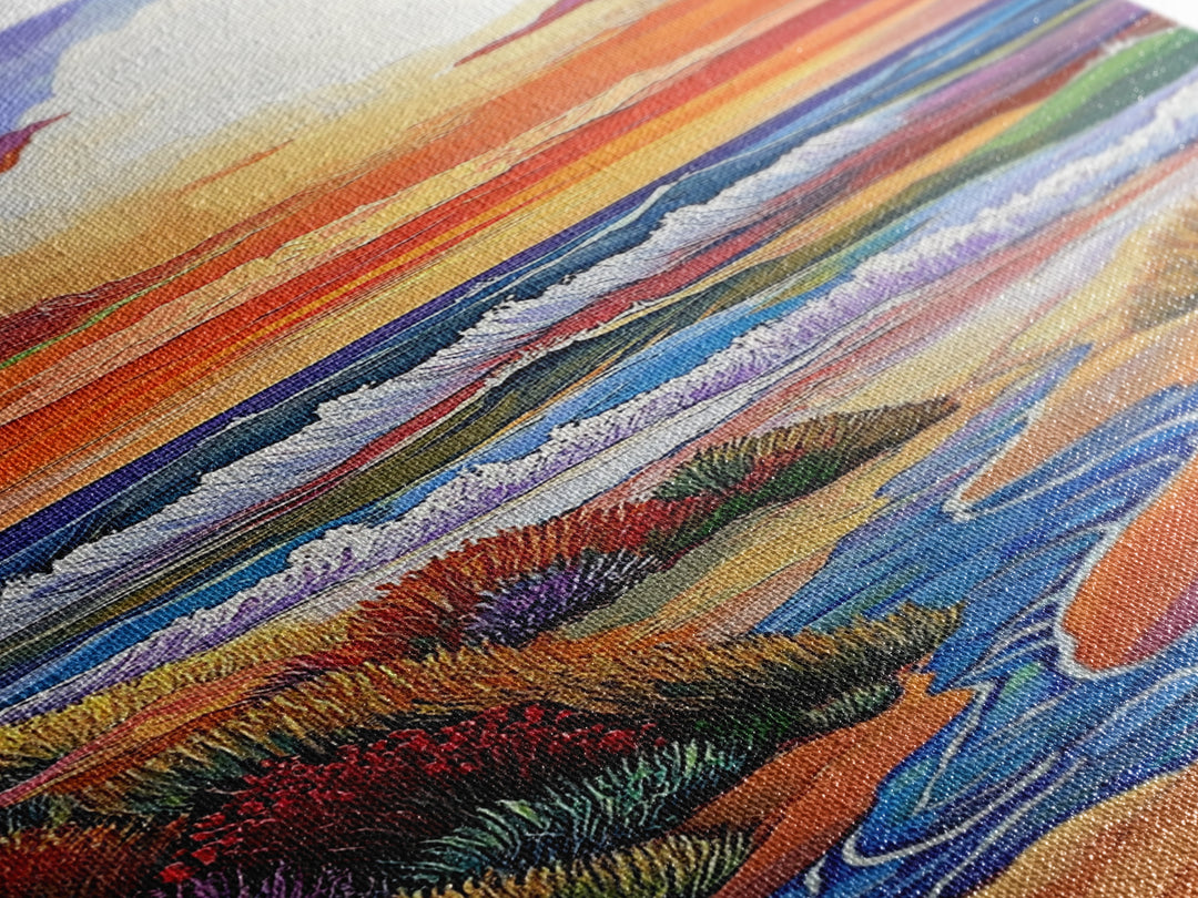 Coastal Sunset, Rolling Waves, Vibrant Beachscape, Boho Ocean Scene, Living Room Wall Art, Seaside Decor, Framed Canvas Print