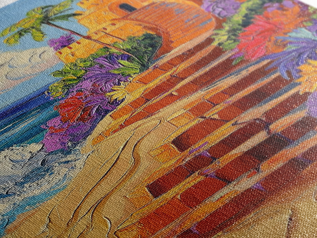 Coastal Castle, Vibrant Tropics, Seaside Fantasy Art, Bold Beach Decor, Playful Wall Accent, Framed Canvas Print, Tropical Style Room