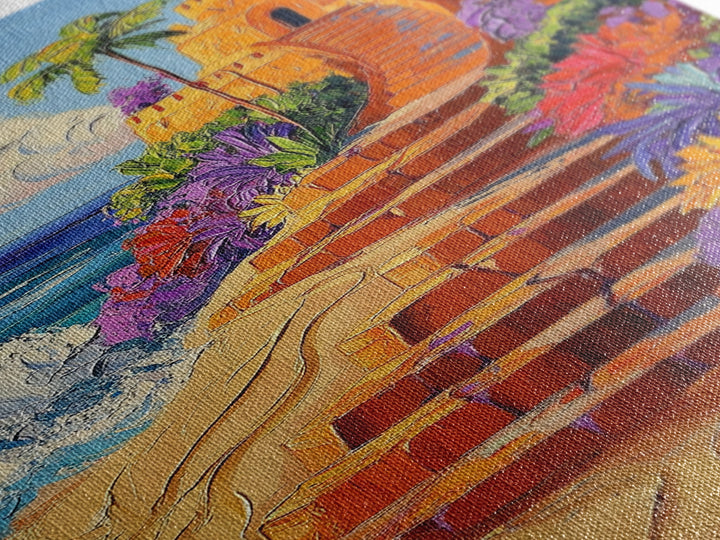 Coastal Castle, Vibrant Tropics, Seaside Fantasy Art, Bold Beach Decor, Playful Wall Accent, Framed Canvas Print, Tropical Style Room