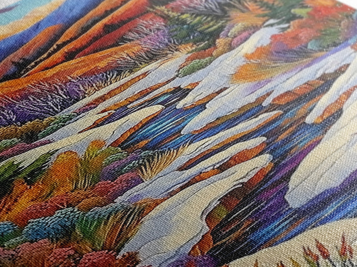 Autumn Snow Creek, Mountain Fall Scene, Nature River Painting, Framed Canvas Print, Cozy Living Room Wall Art, Rustic Cabin Style