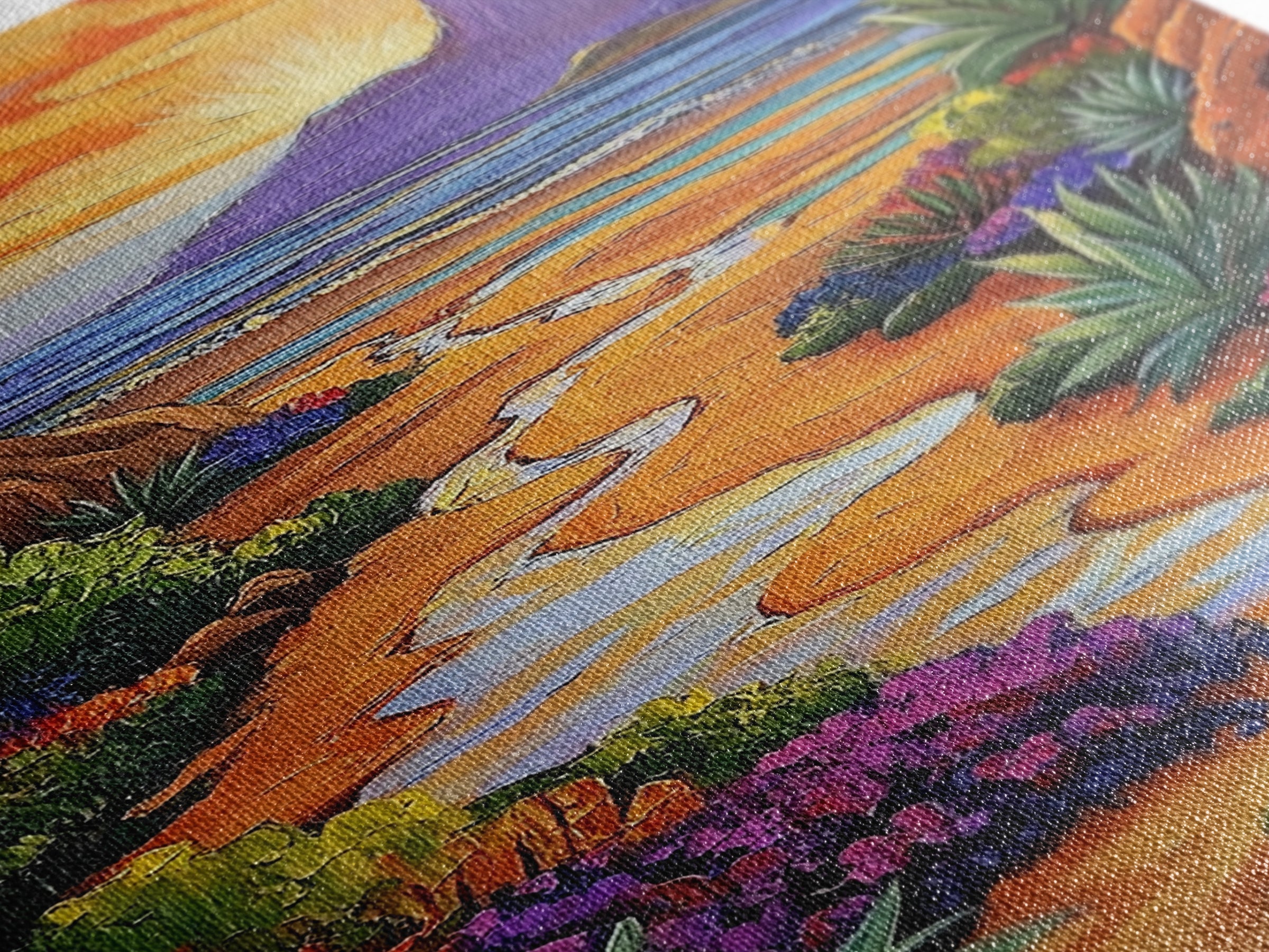 Desert Beach, Mountain Sunset, Ocean Stream, Palm Tree — Framed Canvas Print vibrant landscape wall art, boho living room, beach house decor