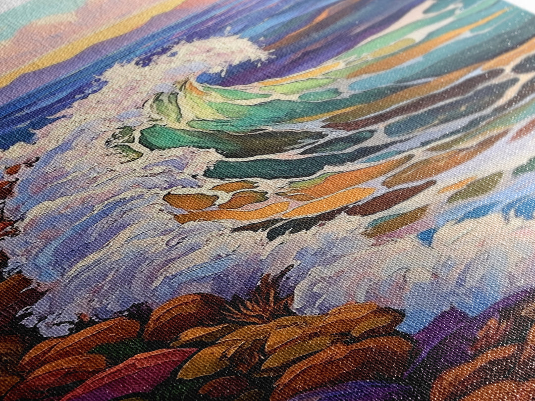 Crashing Ocean Wave, Rocky Coastline Scene, Vibrant Beach Art, Framed Canvas Print, Nature Inspired, Coastal Living Room Wall Art