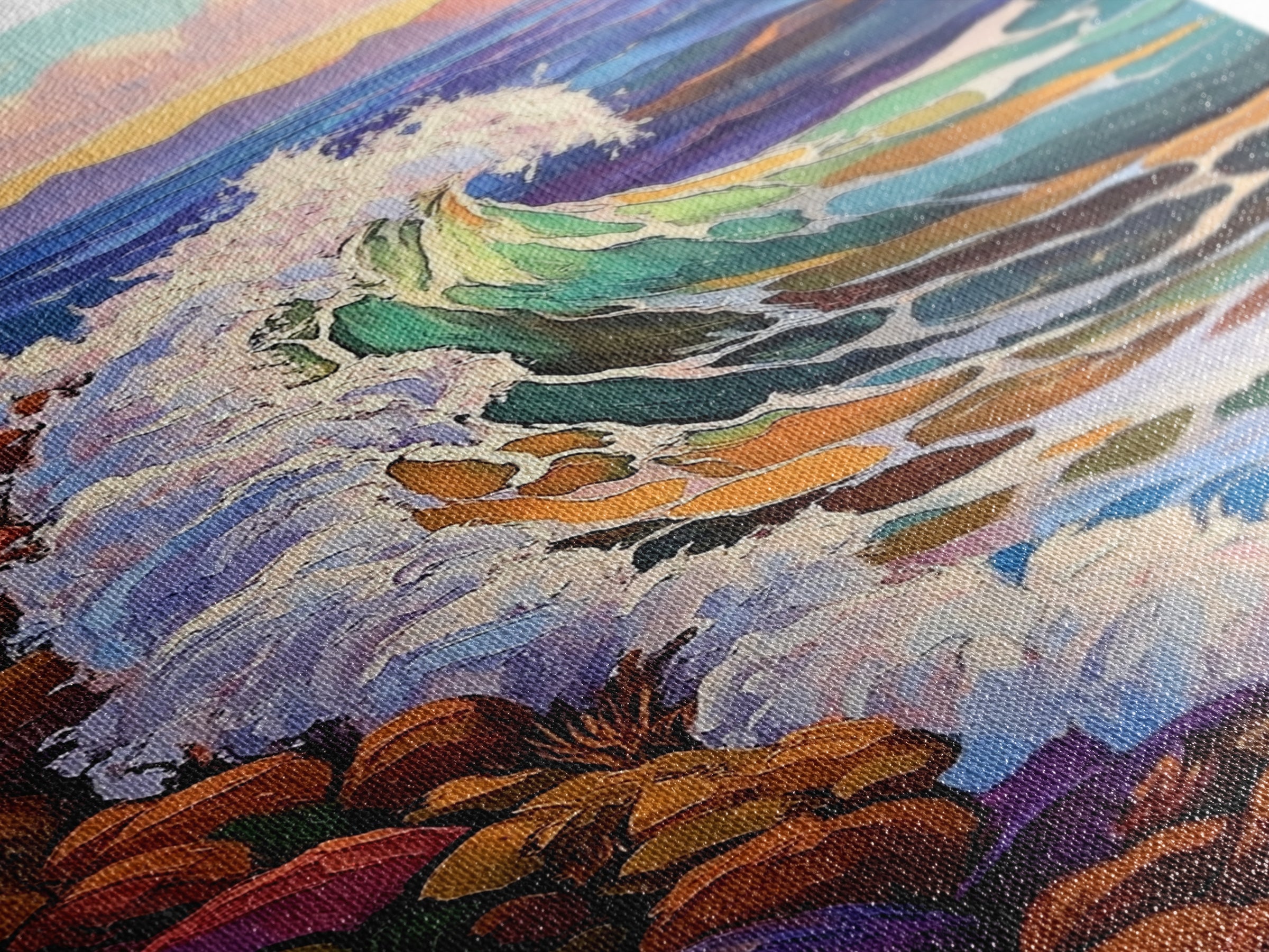 Crashing Ocean Wave, Rocky Coastline Scene, Vibrant Beach Art, Framed Canvas Print, Nature Inspired, Coastal Living Room Wall Art