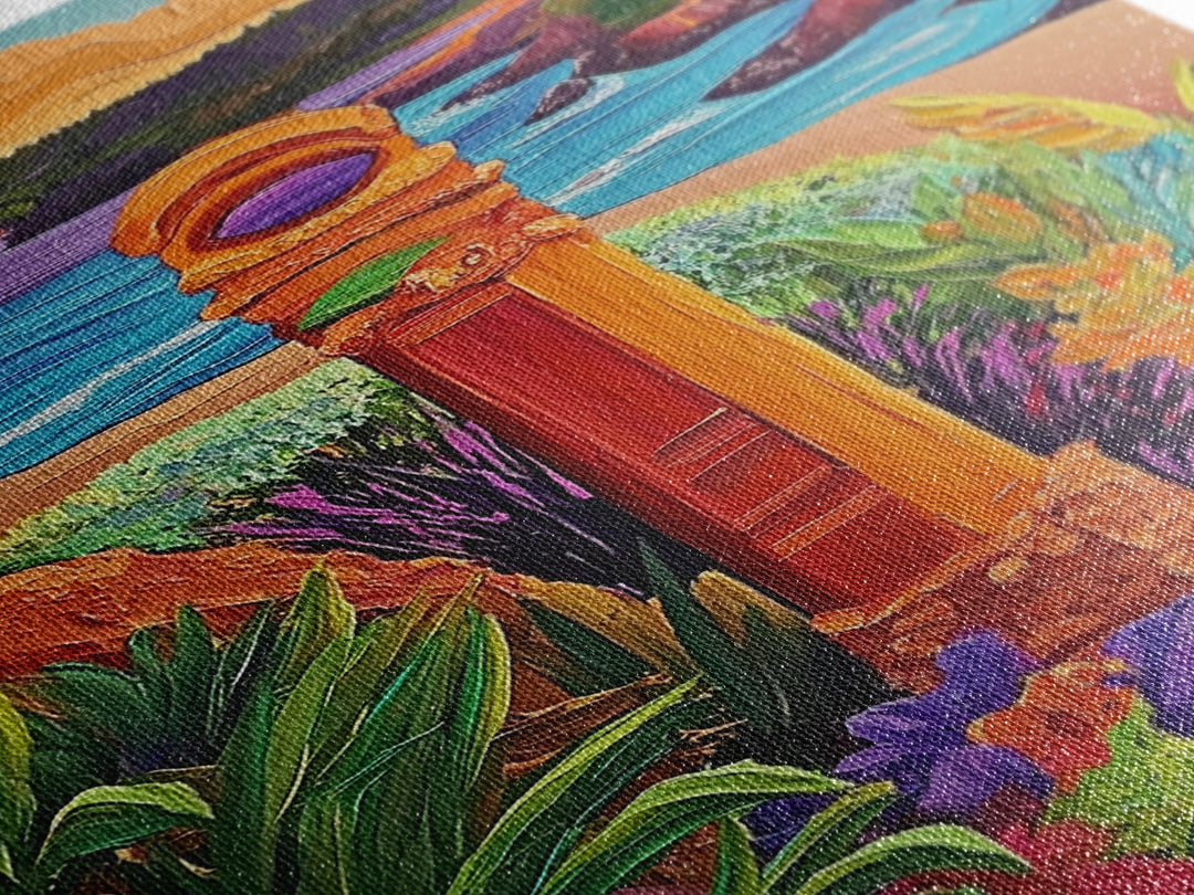 Coastal Landmark Art, Beach Garden View, Framed Canvas Print, Vibrant Landscape Wall Art, Sunroom Decor, Bright Coastal Scene