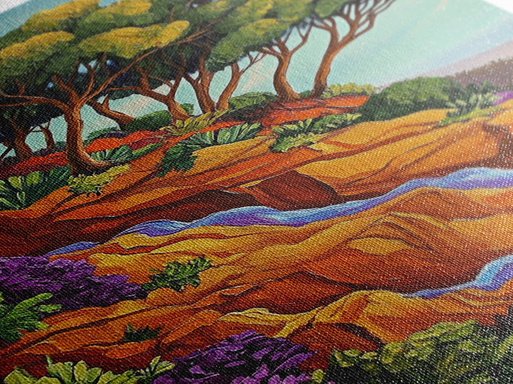 Cliffside Trees Flow, Coastal Waterfall Art, Canvas Print, Scenic Nature Wall Decor, Spa Bathroom Wall Art, Tranquil Landscape Scene