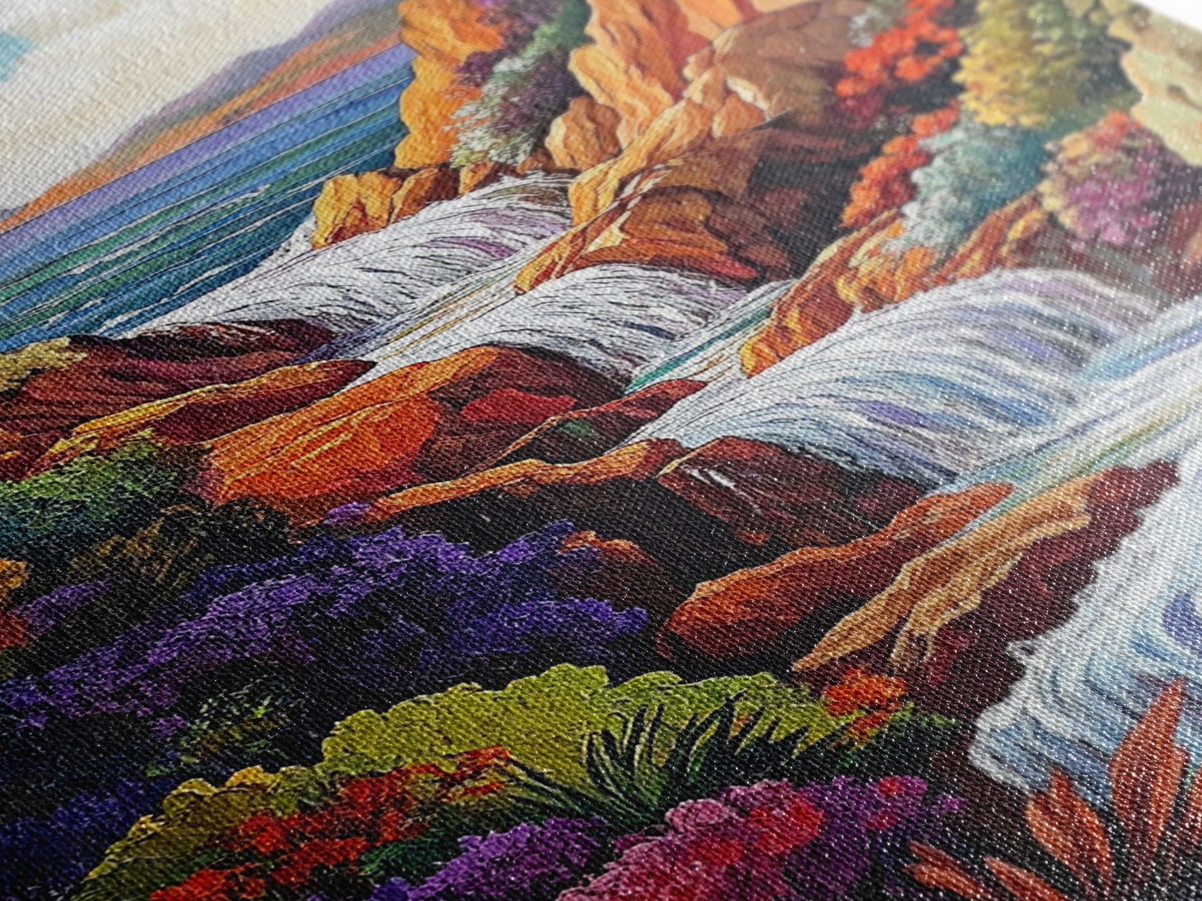 Cascading Falls, Ocean Cliffs, Tropical Flowers, Bold Nature, Framed Canvas Print, Living Room Wall Art, Maximalist Decor, Beach Art