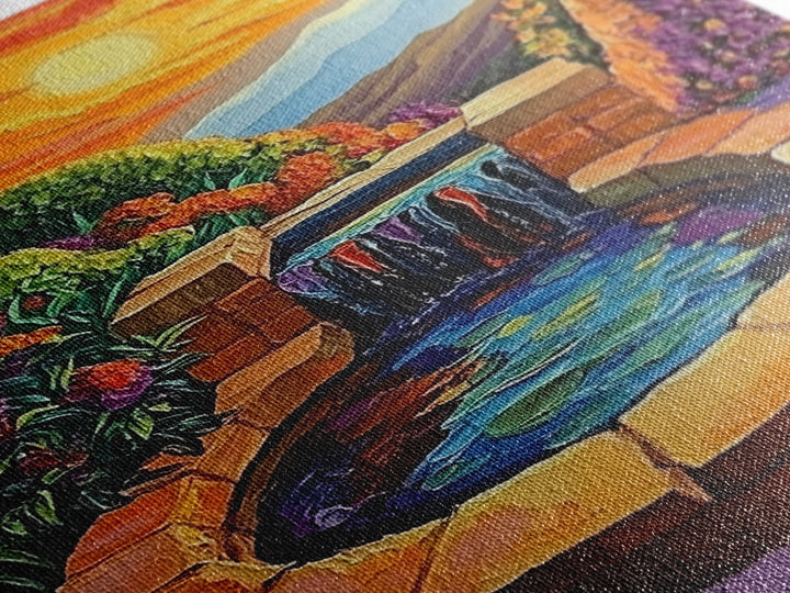 Brick Fountain Sunset, Peaceful Garden Oasis, Warm Tones, Autumn Wall Art, Framed Canvas Print, Serene Patio or Hallway Decor