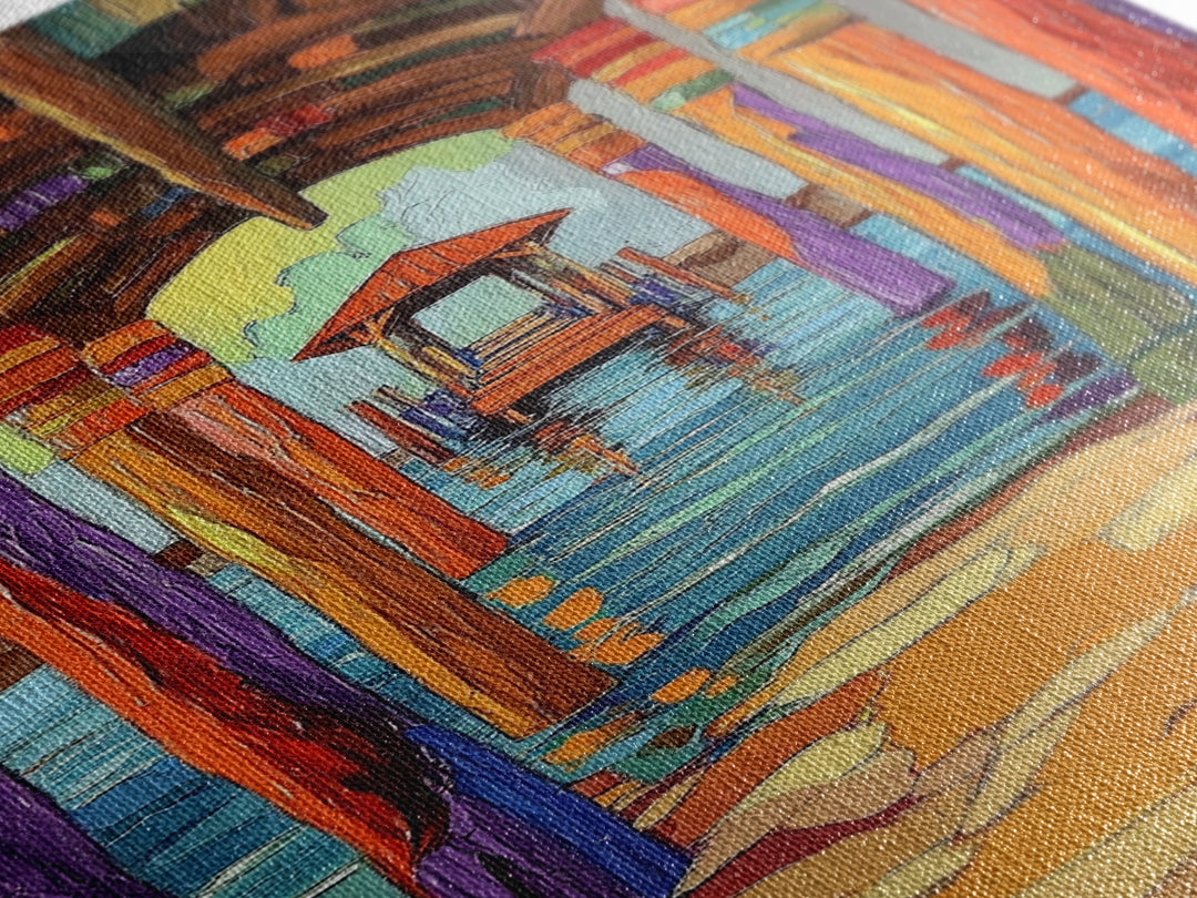 Dock Walkway, Tropical Pier, Ocean View, Beach Art, Framed Canvas Print coastal home decor, hallway wall art, vibrant nautical painting