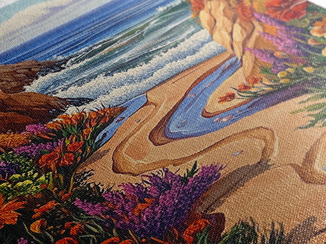 Coastal Path, Floral Trail, Ocean View, Beach Landscape, Framed Canvas Print, boho art, hallway decor, tropical wall art, beach house art