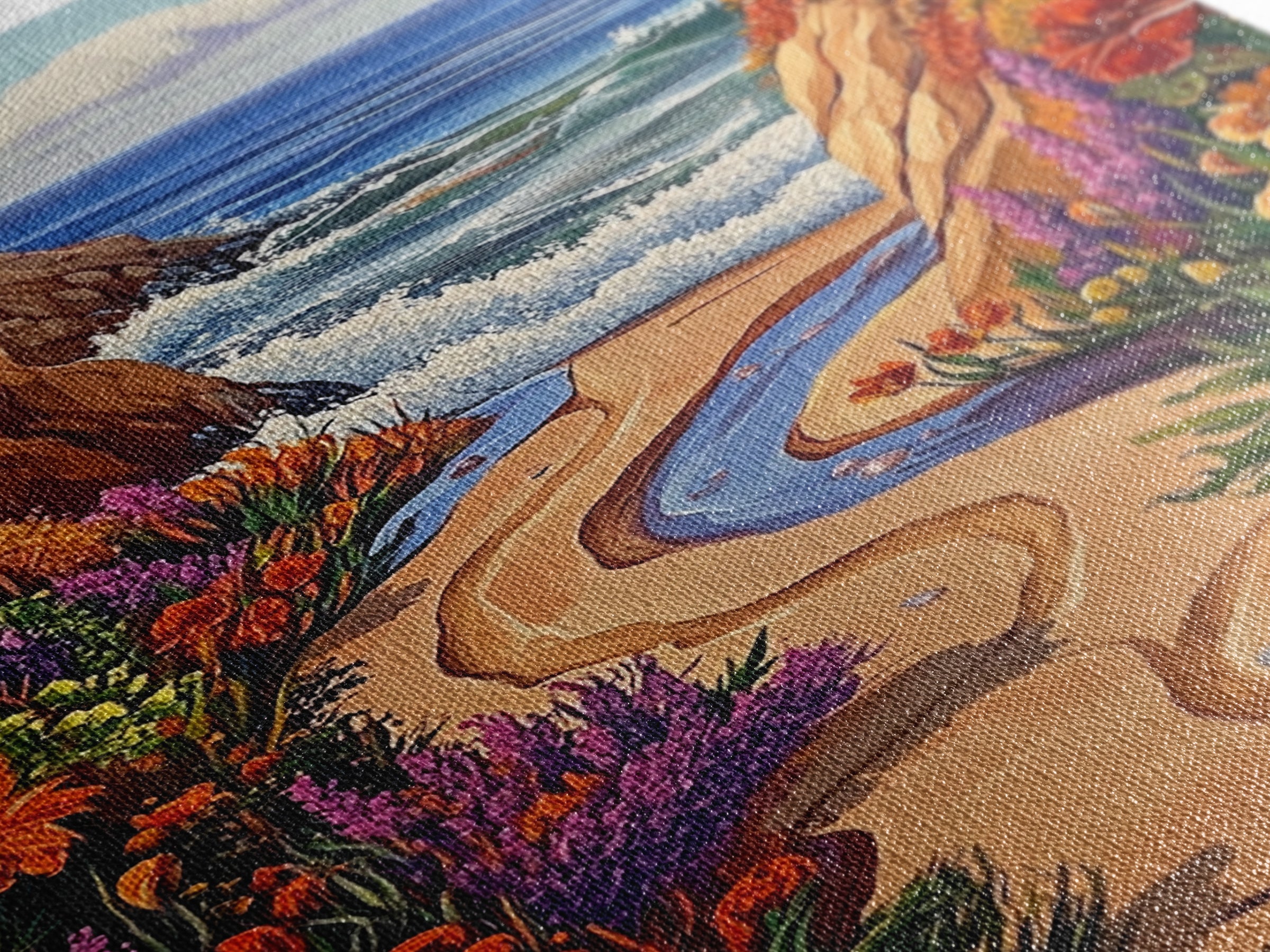 Coastal Path, Floral Trail, Ocean View, Beach Landscape, Framed Canvas Print, boho art, hallway decor, tropical wall art, beach house art