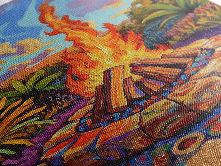 Campfire Palm Trees, Flame, Sunset, Framed Canvas Print tropical bonfire art, cozy fire pit painting, Fall decor, outdoor living room wall art