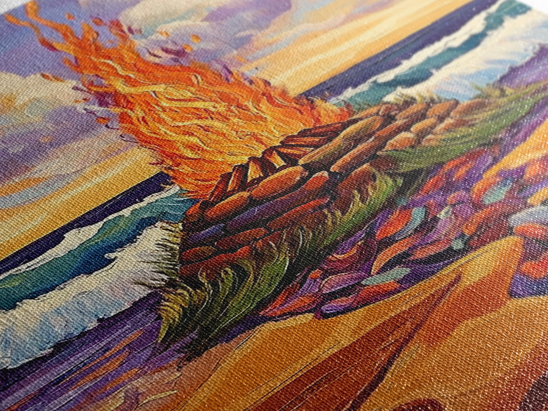 Bonfire Beach, Twilight, Ocean, Framed Canvas Print fire pit artwork, vibrant beach decor, ocean waves and flames, Fall living room wall art