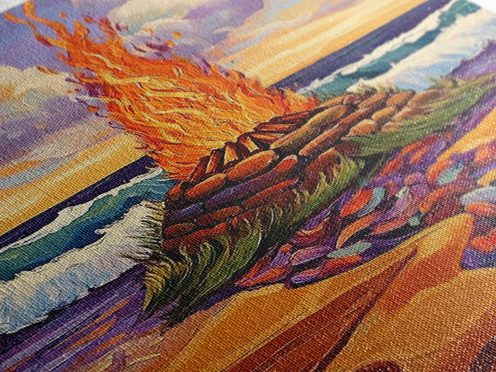 Bonfire Beach, Twilight, Ocean, Framed Canvas Print fire pit artwork, vibrant beach decor, ocean waves and flames, Fall living room wall art