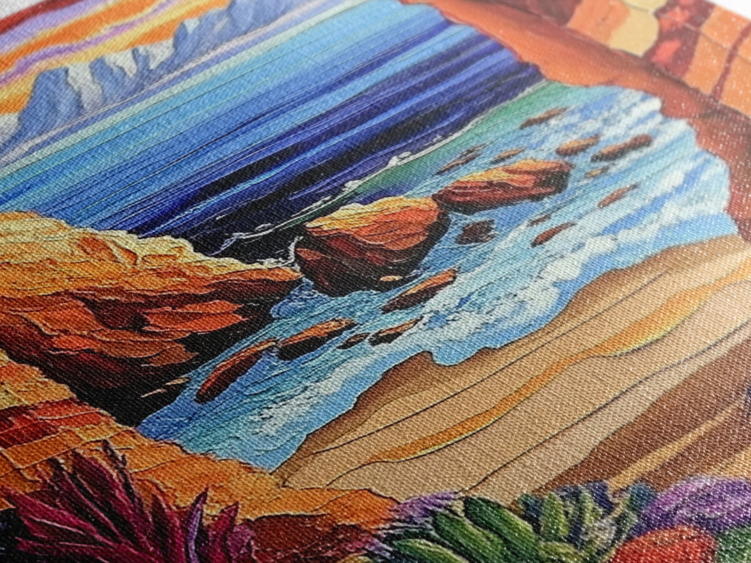 Coastal Archway, Ocean, Escape, Framed Canvas Print bold beach cave painting vivid seascape arch view boho tropical living room wall decor