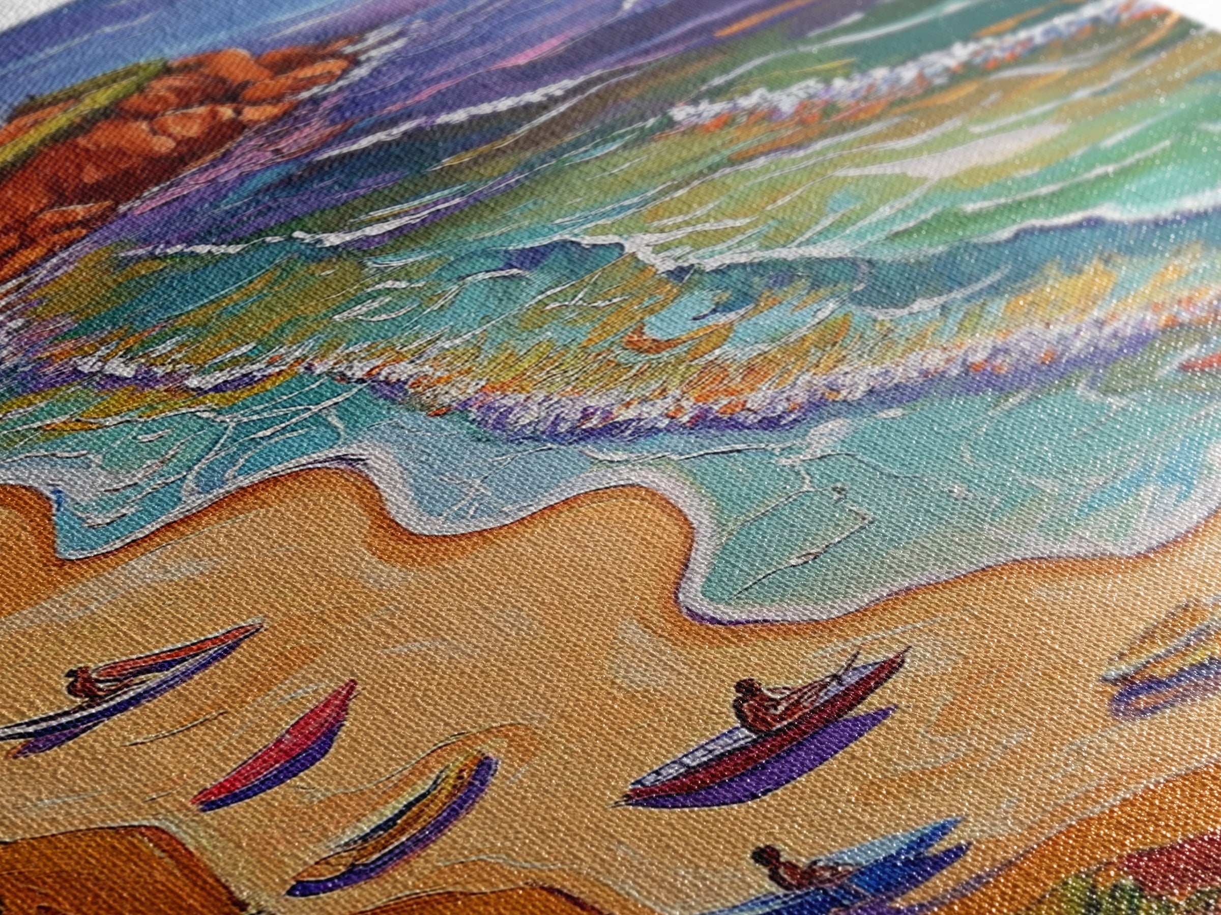 Beach Waves, Boats, Aerial Coastal Landscape, Framed Canvas Print, Boho Ocean Art, Bathroom Wall Decor, Vibrant Nautical Artwork