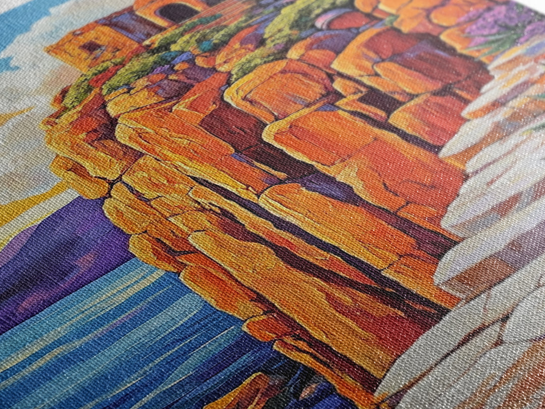 Cliffside Ruins, Ocean, Sunset Ancient Fortress Art, Framed Canvas Print, Dramatic Living Room Wall Decor, Southwest Adventure Style