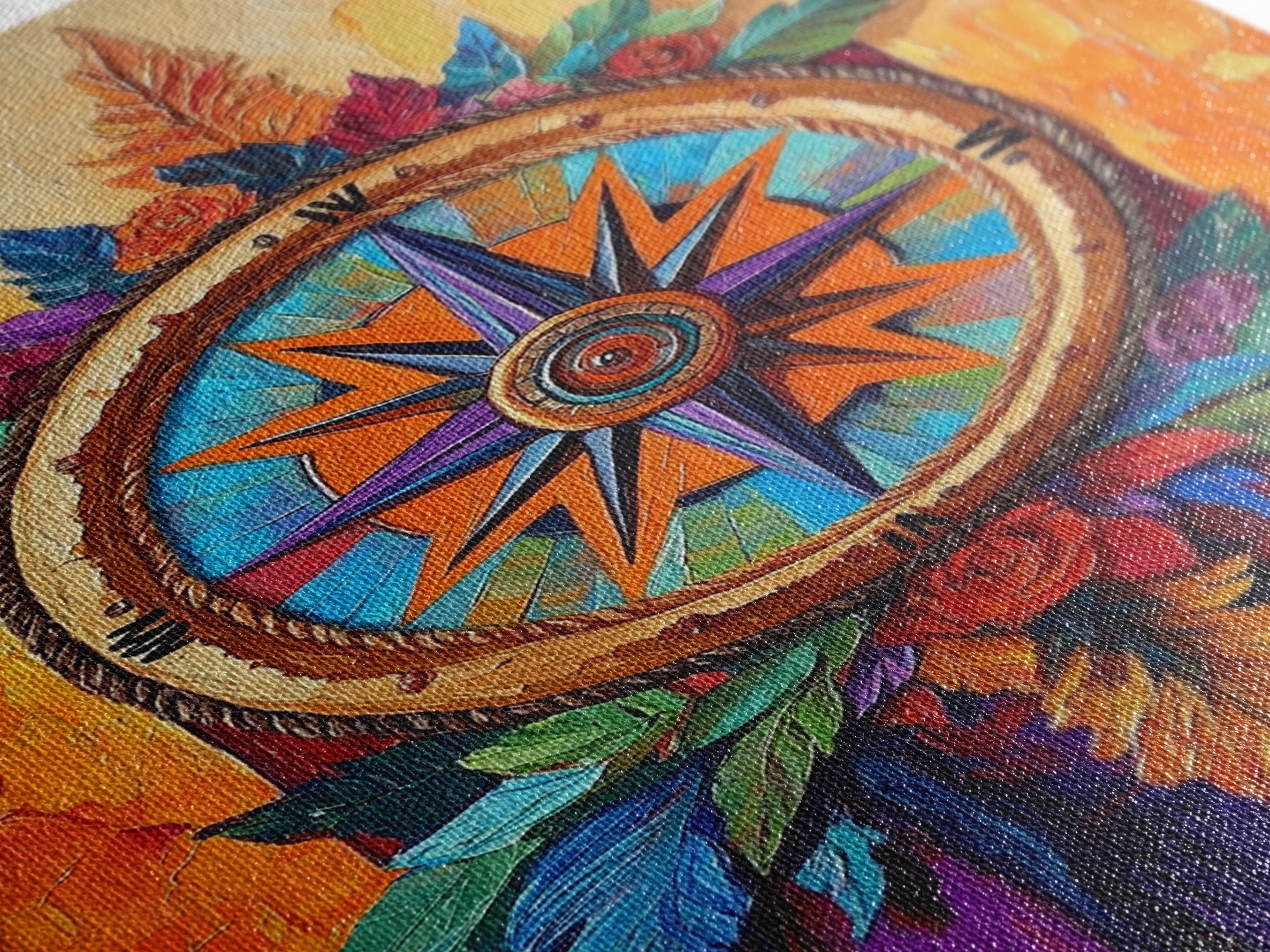 Compass, Rustic, Floral, Wall, Framed Canvas Print, Boho compass rose art with flowers, ideal bohemian home decor or entryway statement art