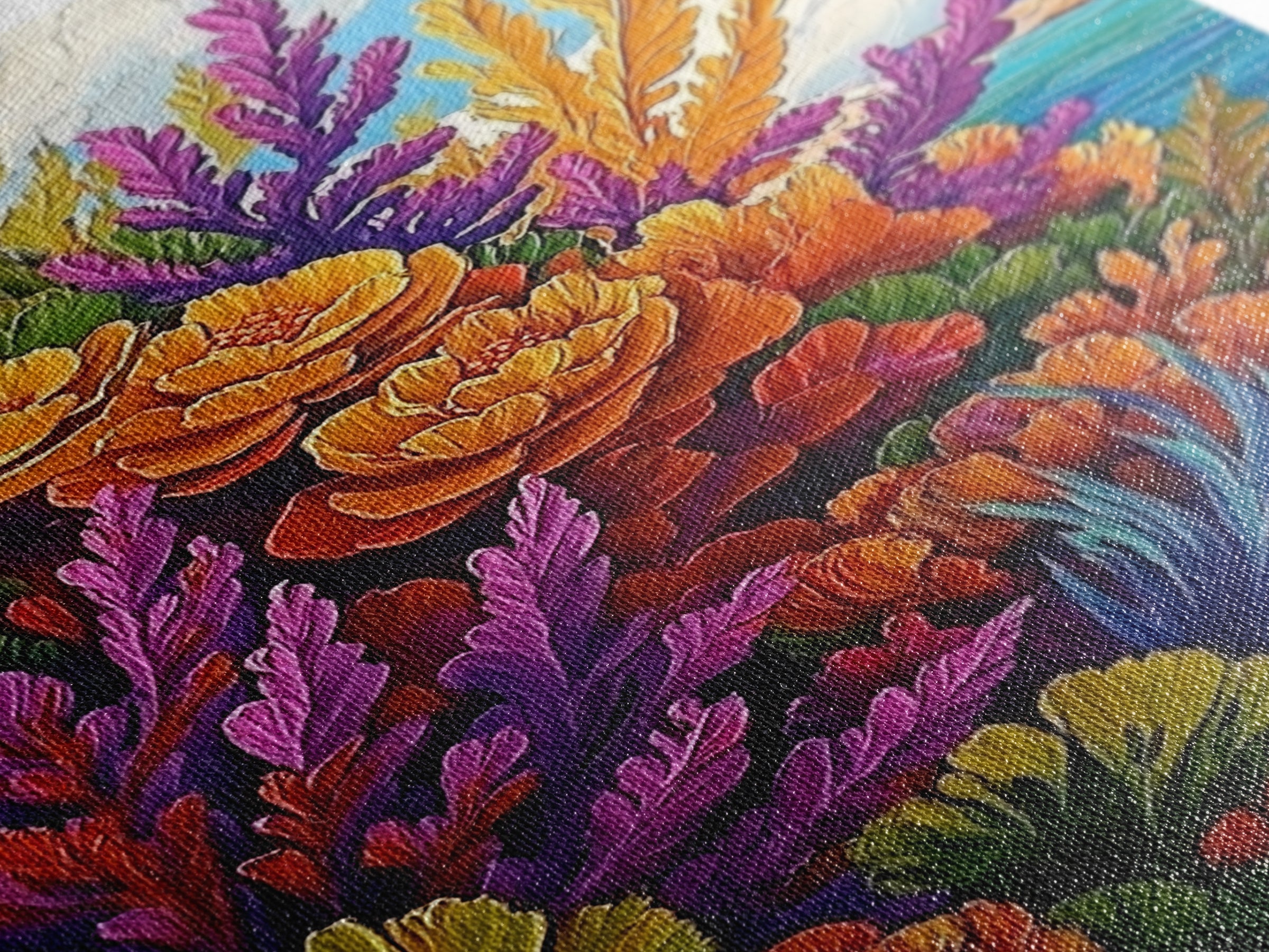 Coastal, Botanical, Garden, Flowers, Framed Canvas Print, Bright coastal flowers with ocean view, ideal summer vibe bathroom or patio wall art