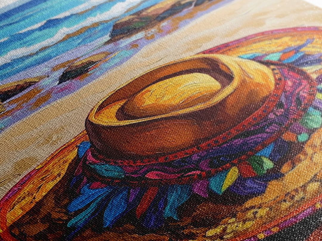 Beach, Hat, Summer, Coastal, Canvas Print, Summer beach scene with festive sombrero, great coastal kitchen or vacation home wall art