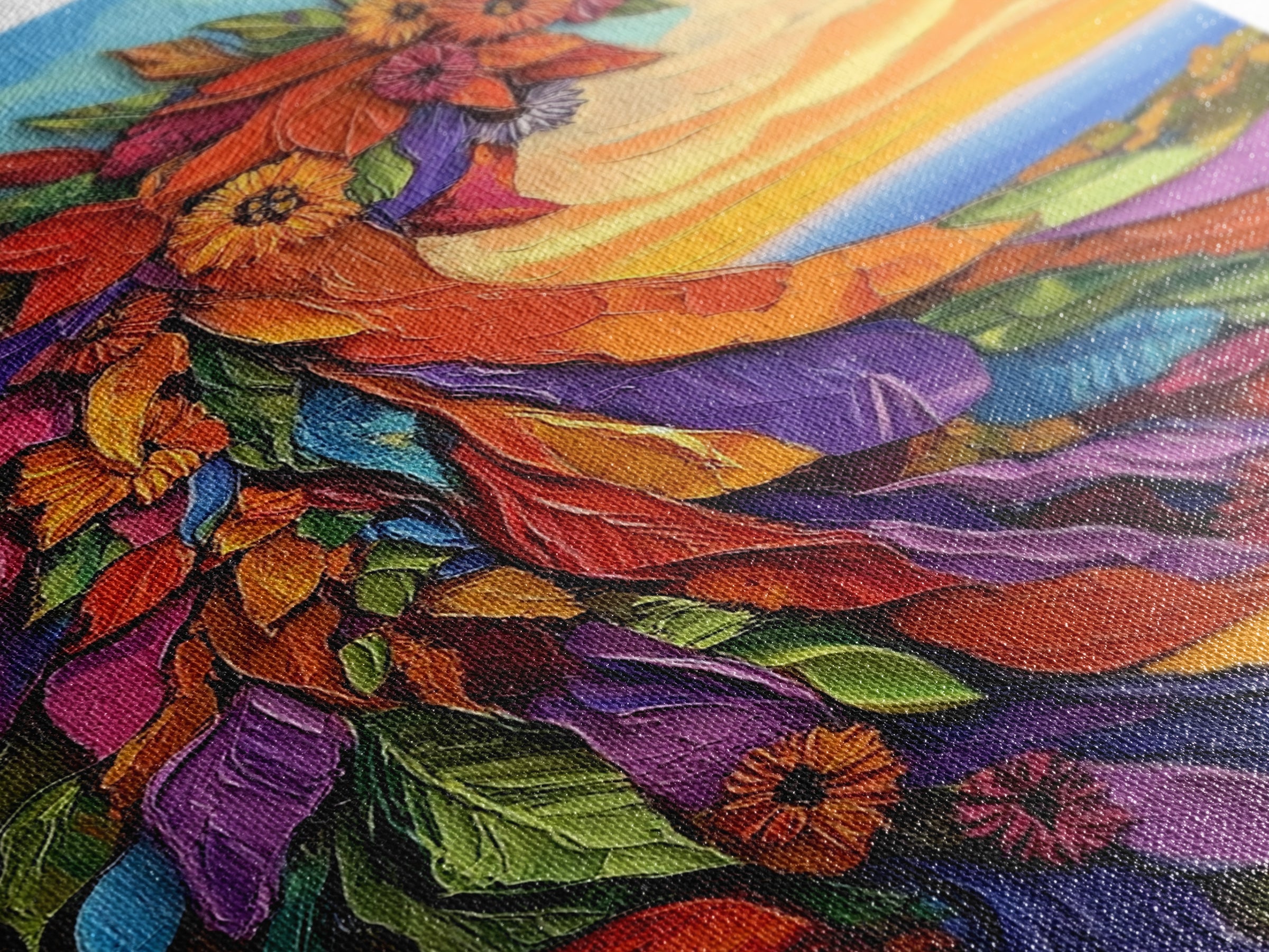 Abstract Bloom, Petals, Rainbow, Framed Canvas Print, bold flower art, modern botanical decor, textured wall piece, Bedroom or Entryway