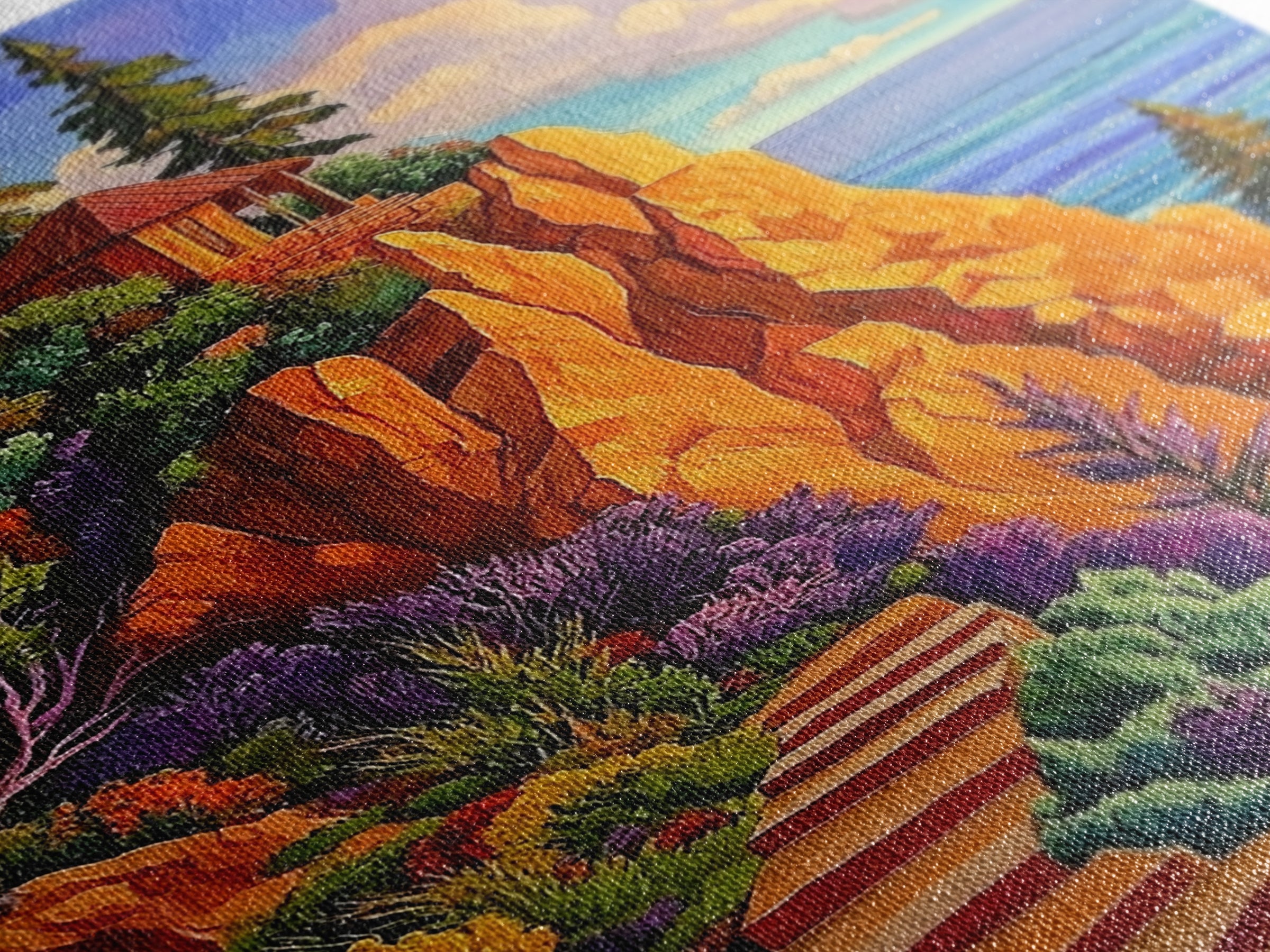 Cliff Cabin, Ocean, Trees, Framed Canvas Print, Seaside cabin on cliff with vivid trees and ocean view, rustic fall living room wall art