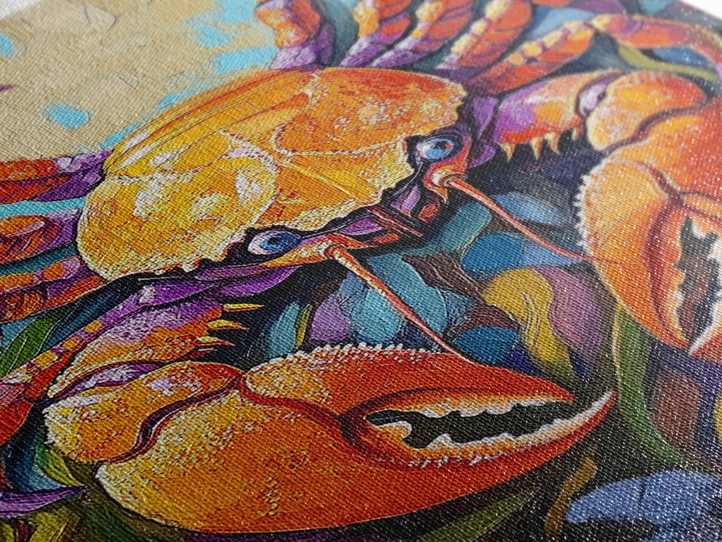 Crab Ocean, Bold, Seafood, Framed Canvas Print, Colorful crab painting with vivid detail, fun nautical art, beach kitchen decor