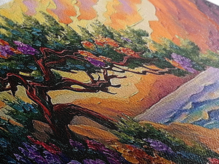 Coastal Tree, Sunset Glow, Flowering Branches, Ocean Horizon, Canvas Print, Bedroom Wall Art, Tranquil Nature Scene, Vibrant Landscape