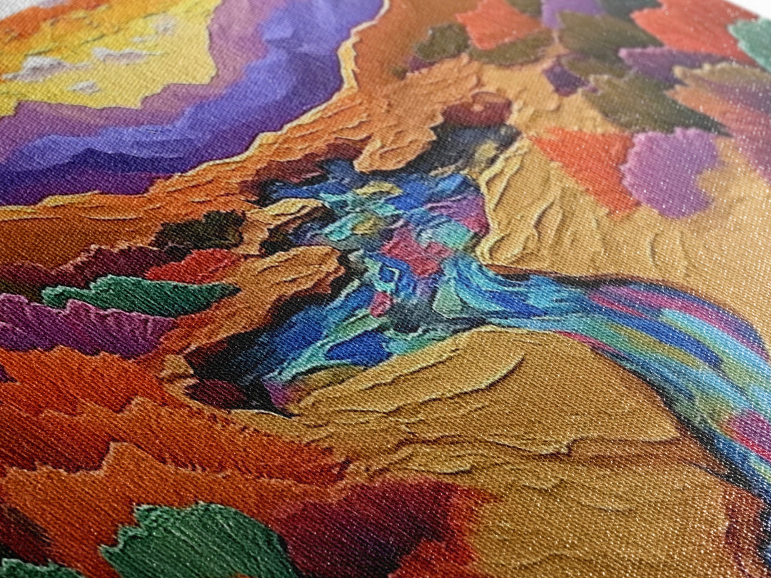 Desert River Sunset, Bold Nature Painting, Vibrant Landscape, Fall Wall Decor, Earthy Living Room Framed Canvas Print, Beach House Wall Art