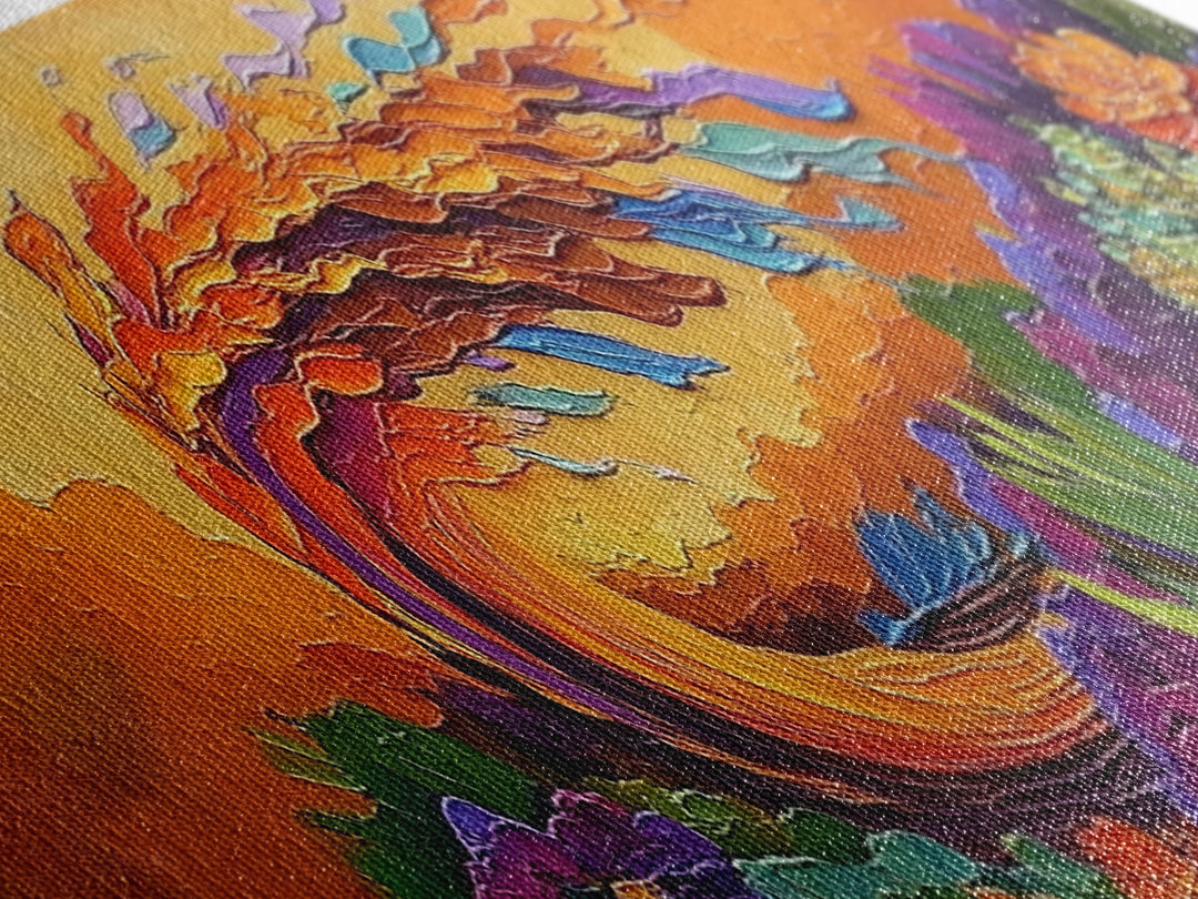 Abstract Wave, Fiery Floral Splash, Boho Landscape Art, Framed Canvas Print, Bold Living Room Statement Wall Decor