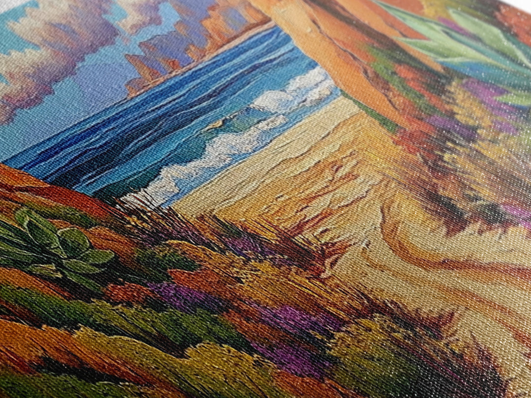 Desert Path, Beach Escape, Vibrant Nature, Scenic View, Framed Canvas Print, landscape painting, hallway art, sunset wall decor